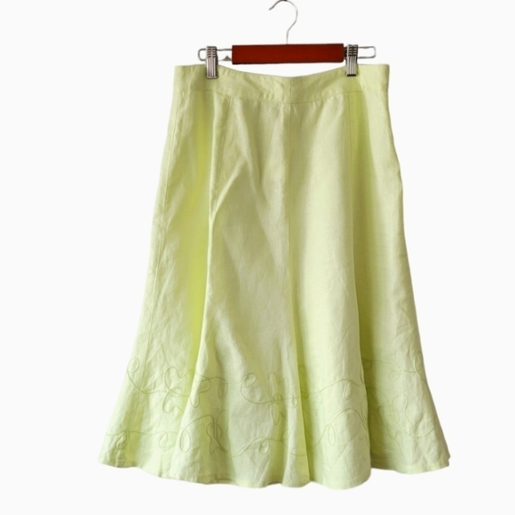 PER UNA 100% Linen Tulip Skirt Pastel Green Floral Embroidered Flare sz 10 Long - Picture 1 of 7